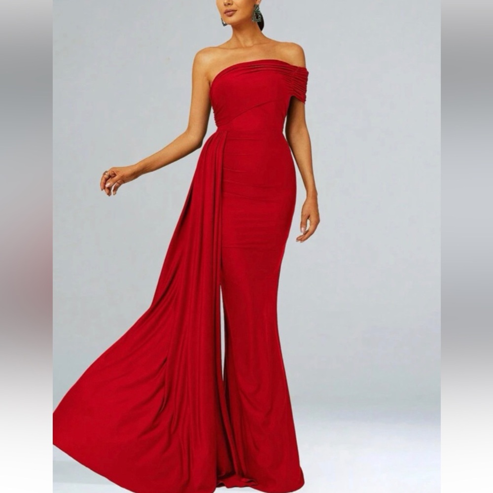 Luxe orange one shoulder draped party formal evening gown dress - Picture 6 of 10